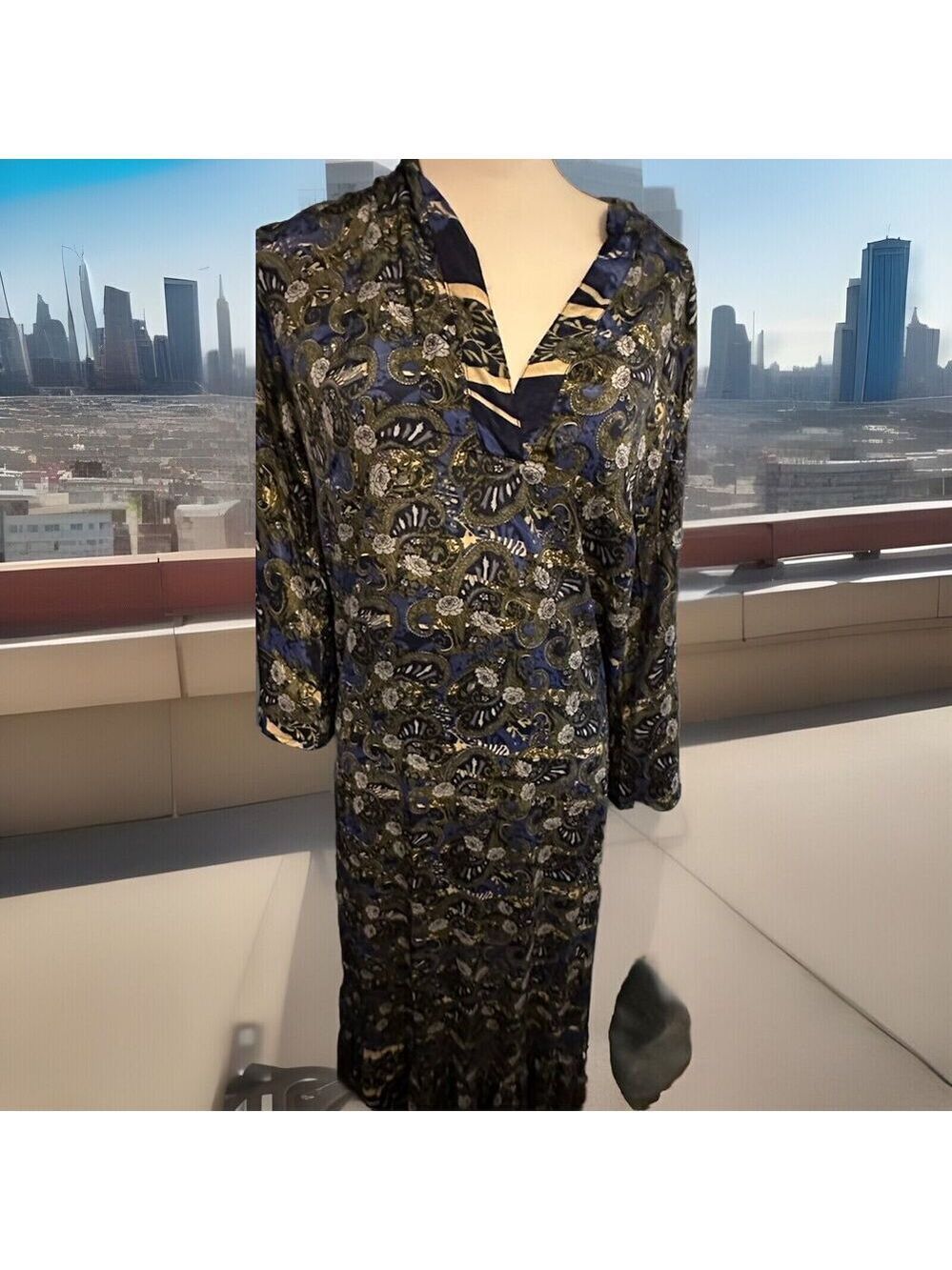 Paani Alex  SZ M BlueFloral Metallic Dot Maxi Wrap Front Ruffle Dress